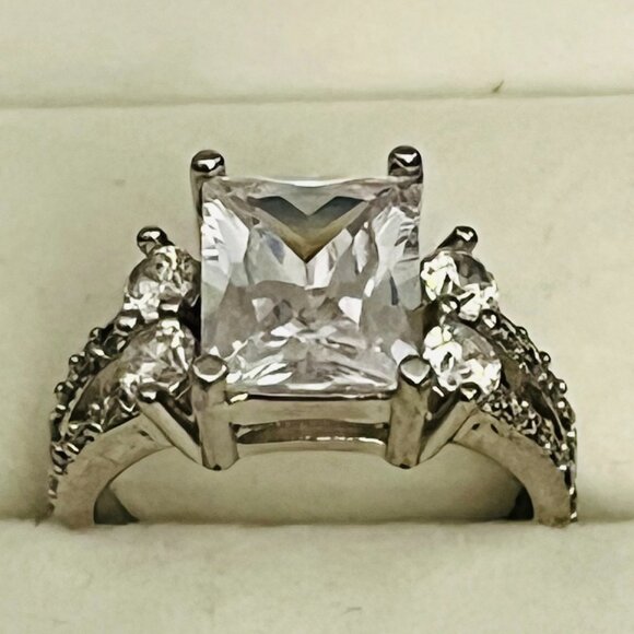 Sterling Silver 925 Princess Cut and Pave CZ Cocktail Ring - Size 6 - Picture 2 of 7